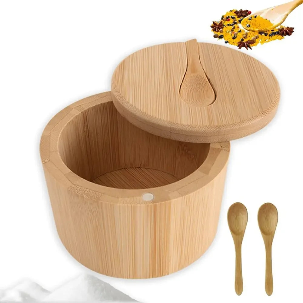 Bamboo Salt Box with Magnetic Lid and Spoon