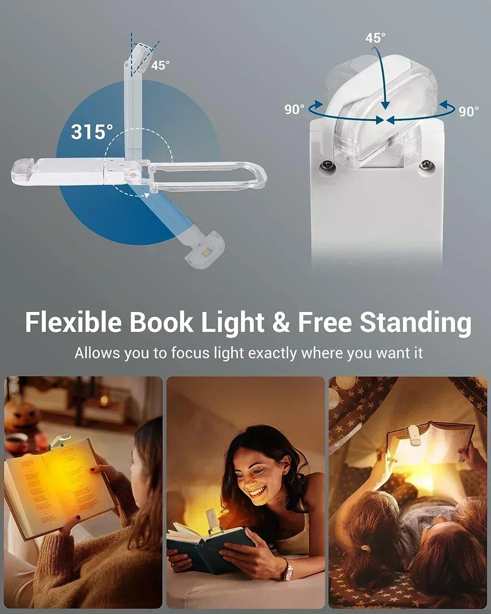 Book Light USB Rechargeable 3 Colors & 5 Brightness 1800K-6000K Reading Light Clip-on Read Lamp Bookmark Night Light Book Lamp